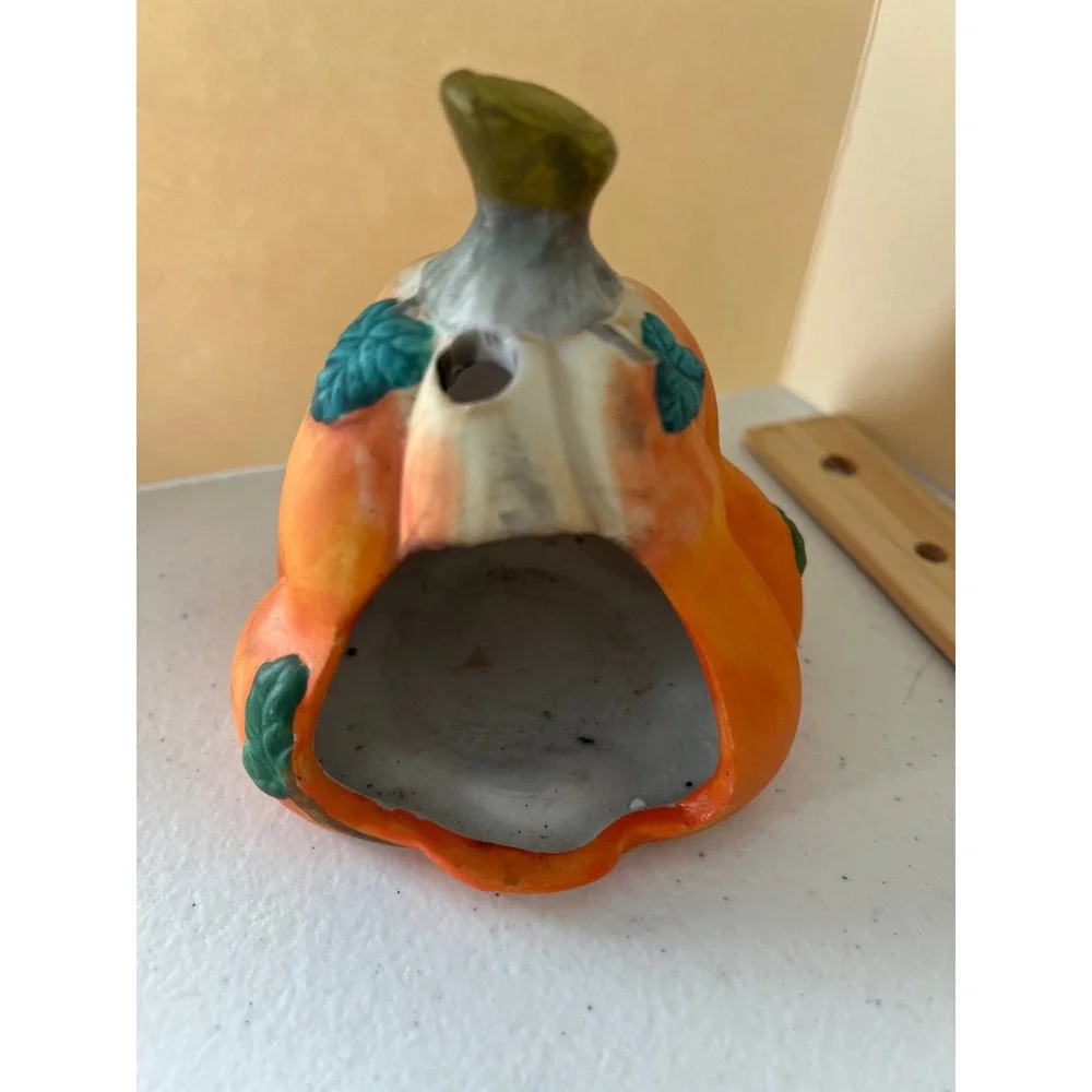 Vintage Ceramic Pumpkin Tea Light Holder Orange Jack O Lantern Fall Decor 4.5in